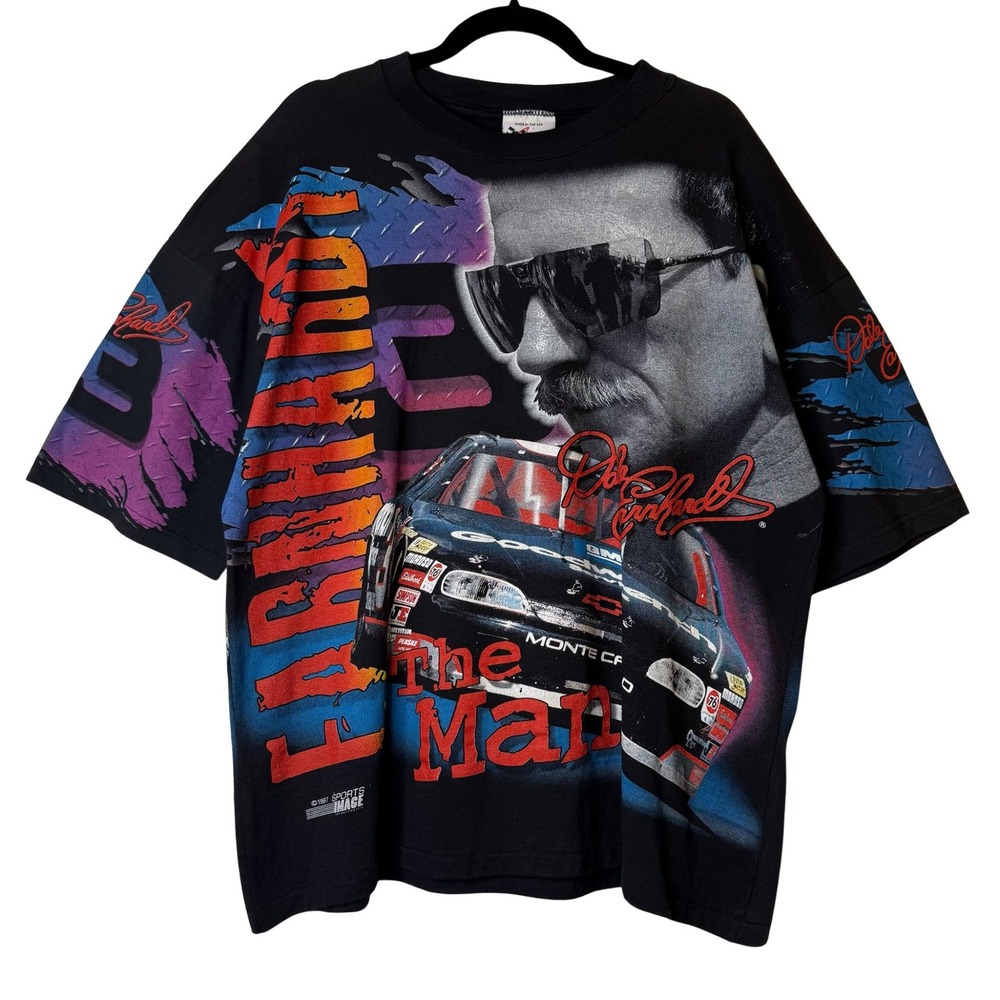 Vintage Chase NASCAR Dale Earnhardt 90s AOP 2 Sided T-Shirt SZ L Black Racing